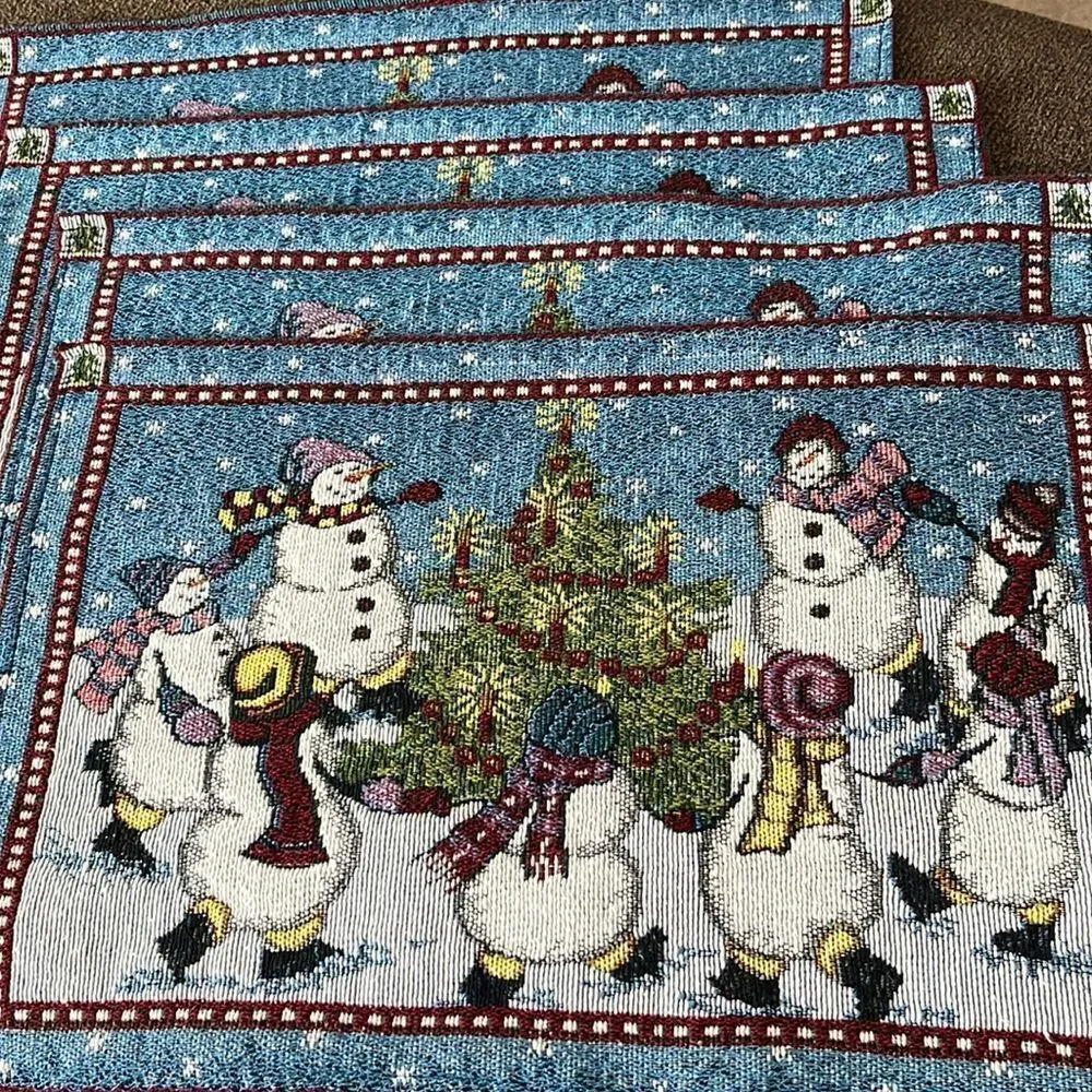 Set (4) Tapestry Design Rectangle Placemats Snowmen Dancing with Christmas Tree